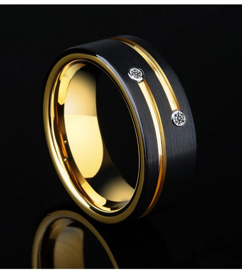 Men's 8mm Tungsten Black Gold Groove Line CZ Comfort-Fit Wedding Band
